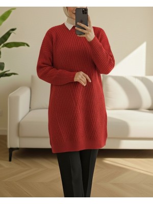 Yürütme Örgü Baklava Desenli Triko Tunik      -Kırmızı