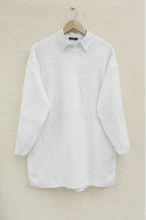 Execution Knitting Diamond Patterned Knitwear Tunic   -White