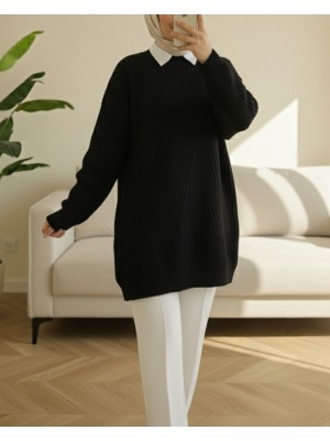 Yürütme Örgü Baklava Desenli Triko Tunik  -Siyah