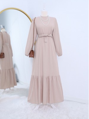 Skirt Parted Sleeve Elastic Lace Crinkle Dress - Beige