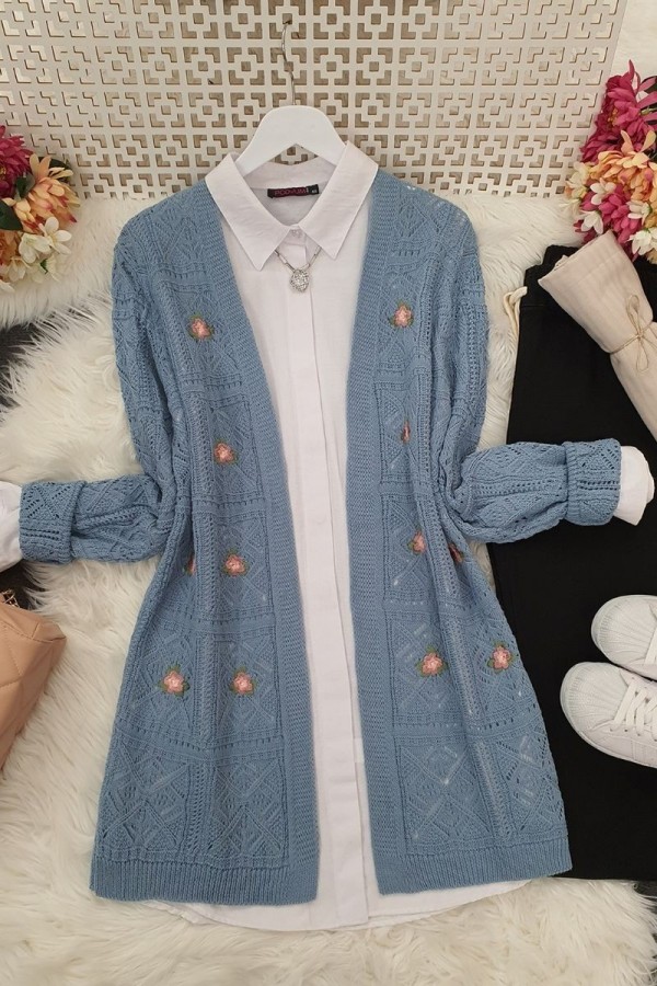 Openwork Embroidered Cardigan -Blue