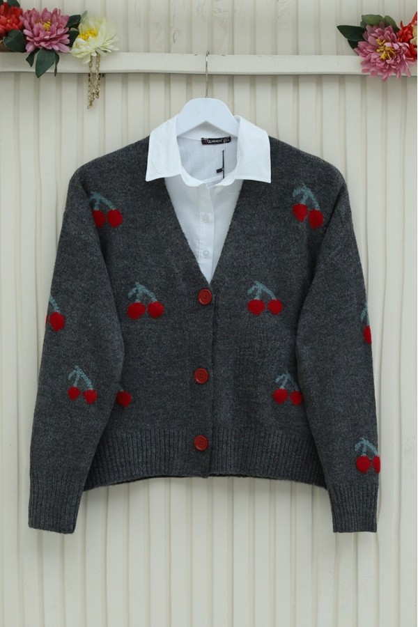 Cherry Patterned Short Cardigan   -Smoked 