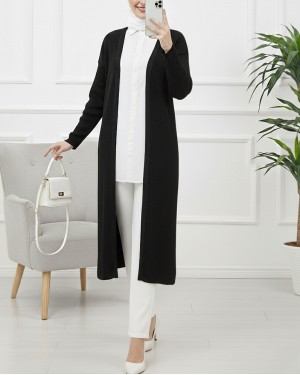 Long Knitted Cardigan with Side Slits -Black