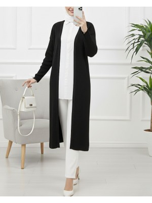 Long Knitted Cardigan with Side Slits -Black