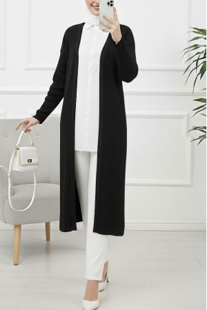 Yanları Yırtmaçlı Fitilli Uzun Triko Hırka -Siyah