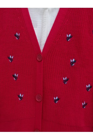 Nakışlı Üç Düğmeli Bel Boy Hırka -Fuşya