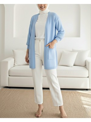 Balon Kol Kolu Ponponlu Cepli Hırka   -Bebe Mavi