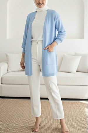 Balon Kol Kolu Ponponlu Cepli Hırka   -Bebe Mavi