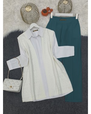 Openwork Patterned Zero Sleeve Knitwear Cardigan -Ecru