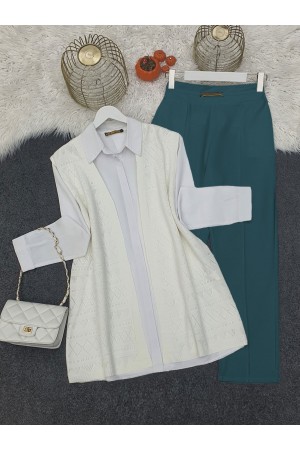 Ajurlu Desenli Sıfır Kol Triko Hırka -Ekru