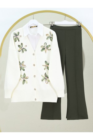 V Yaka Organze Tül Çiçek Nakışlı Triko Hırka -Haki