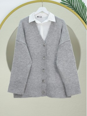 Düğmeli Oversize Triko Hırka -Gri