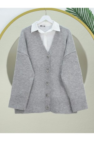 Düğmeli Oversize Triko Hırka -Gri