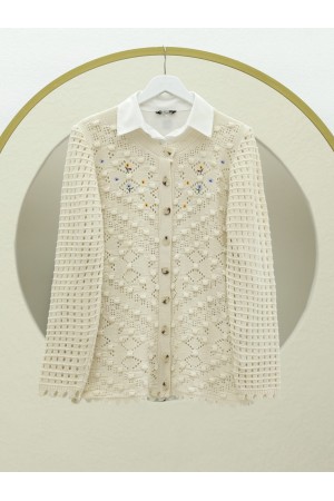 Ponponlu Yuvarlak Yaka Düğmeli Triko Hırka  -Krem