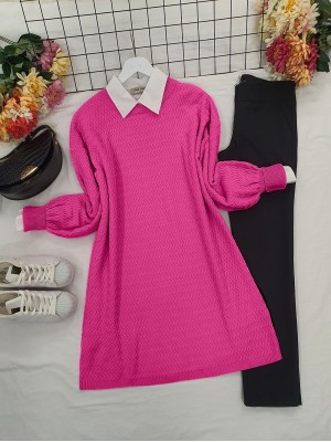 Balon Kol Zikzak Desenli Triko Tunik      -Fuşya