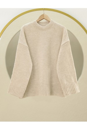 Crew Neck Skirted Ribbed Casual Knitwear Sweater -Stone