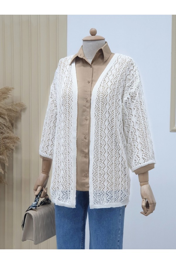 Half Sleeve Openwork Short Cardigan  -White