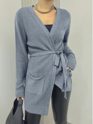 Bağcıklı Prinç Örgü Triko Hırka  -Gri