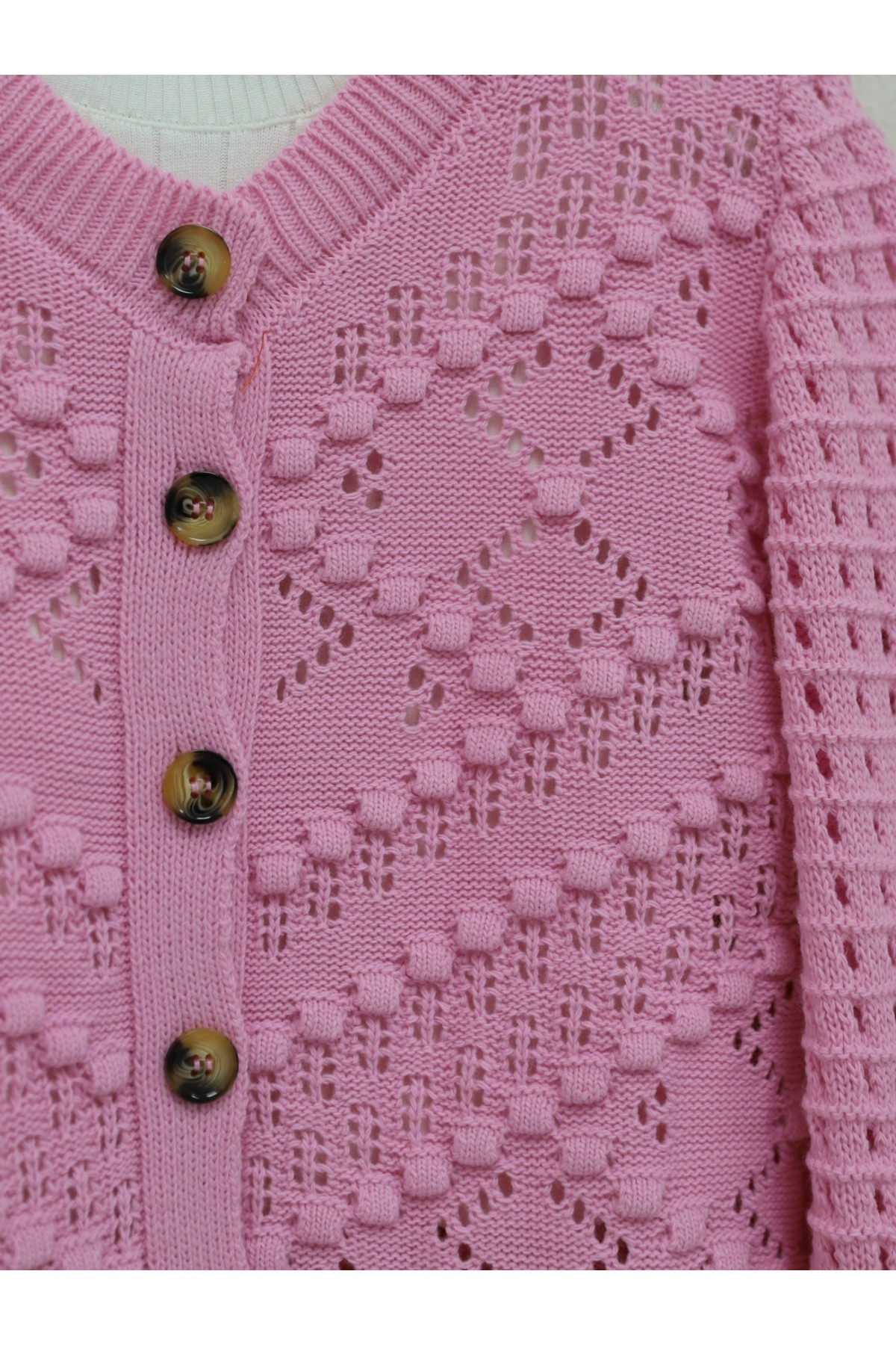 Openwork Embossed Bone Buttoned Knitted Cardigan  -Pink