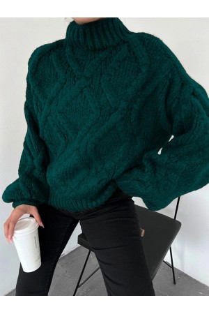 Half Neck Balloon Sleeve Winter Sweater        -Emerald