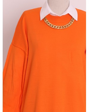 Düz Bisiklet Yaka Balon Kol Triko Tunik -Turuncu