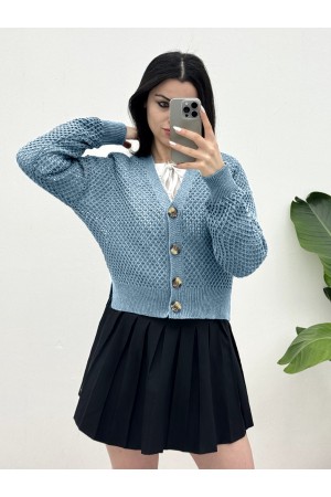 Ajurlu Kemik Düğmeli Yırtmaçlı Hırka -Bebe Mavi