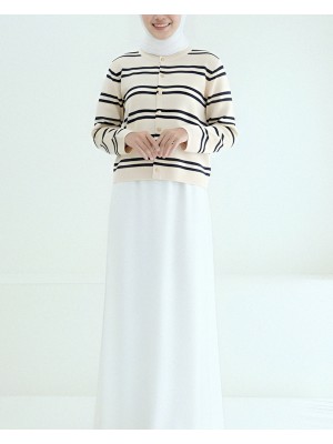 Parlak Düğmeli Çizgili Triko Hırka -Krem