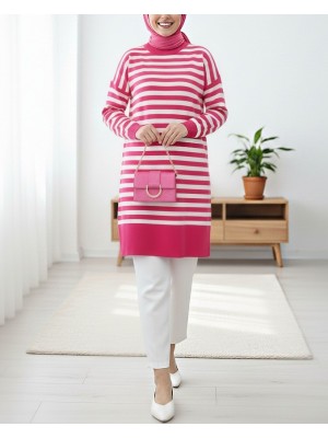 Round Neck Hijab Loose Knitwear Tunic  -Pink