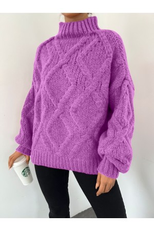 Half Neck Balloon Sleeve Winter Sweater      -Pink