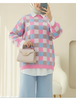 Renkli Kareli Balon Kol Bisiklet Yaka Triko Tunik -Pembe