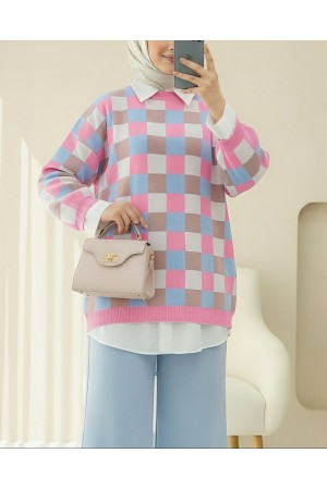 Renkli Kareli Balon Kol Bisiklet Yaka Triko Tunik -Pembe