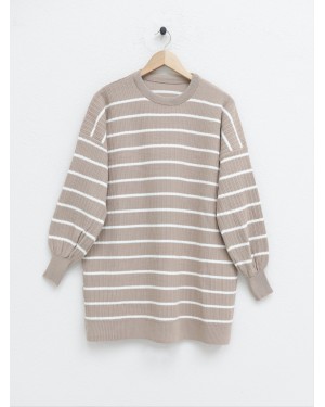 Crew Neck Ribbed Knitwear Tunic -Mink color