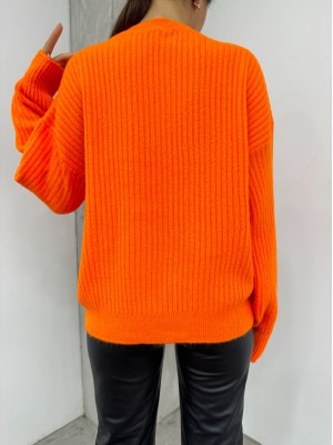 Baklava Desen Bisiklet Yaka Triko Kazak -Turuncu