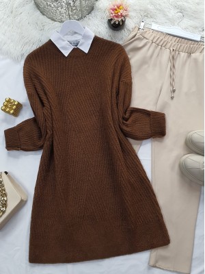 Bisiklet Yaka Baklava Desen Triko Kazak   -Kahve