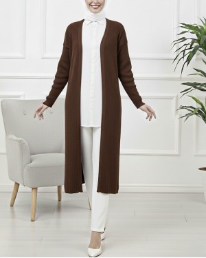 Long Knitted Cardigan with Side Slits -Brown