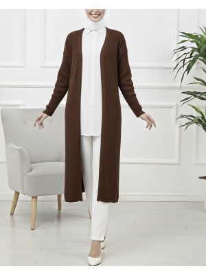 Yanları Yırtmaçlı Fitilli Uzun Triko Hırka -Kahve