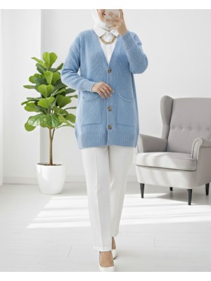 Çift Cepli Yumoş Örgü Hırka -Mavi