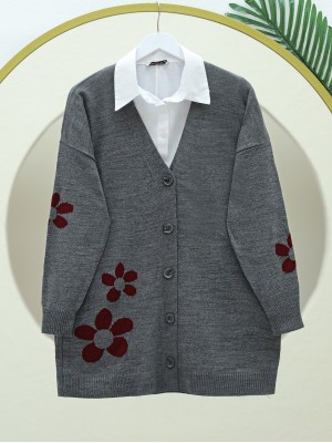 Papatya Desenli Düğmeli Hırka  -Gri