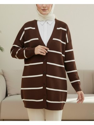 Çizgili Düğmeli Hırka -Kahve