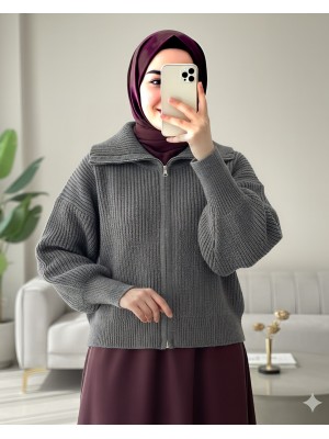 Yarım Boğazlı Fermuarlı Triko Hırka -Füme