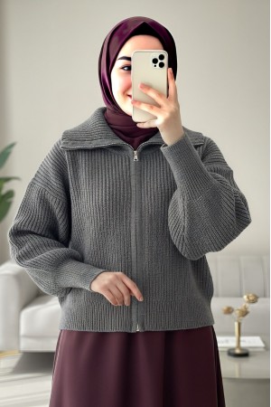 Yarım Boğazlı Fermuarlı Triko Hırka -Füme