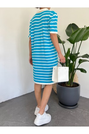 Polo Yaka Çizgili Triko Mini Elbise -Mavi
