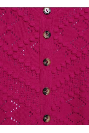 Ajurlu Kabartmalı Kemik Düğmeli Triko Hırka -Fuşya