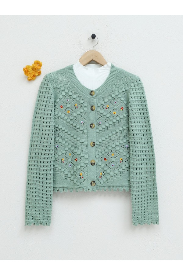 Floral Embroidered Pompom Openwork Knitted Cardigan -Sea green