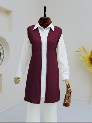 Openwork Pompom Araboy Knitwear Vest    -Maroon