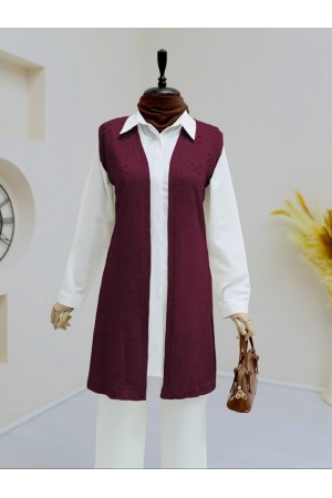 Ajurlu Ponponlu Araboy Triko Yelek    -Bordo