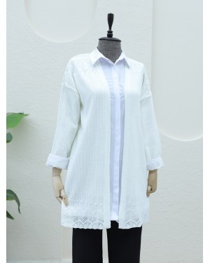 Openwork Cardigan with Patterned Skirt -Ecru