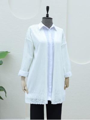 Eteği Desenli Ajurlu Hırka -Ekru