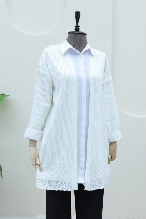 Eteği Desenli Ajurlu Hırka -Ekru