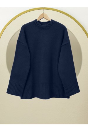 Crew Neck Skirted Ribbed Casual Knitwear Sweater     -Navy blue